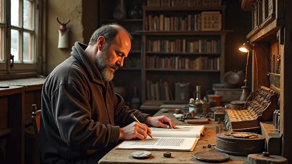 Johannes Gutenberg operating his printing press