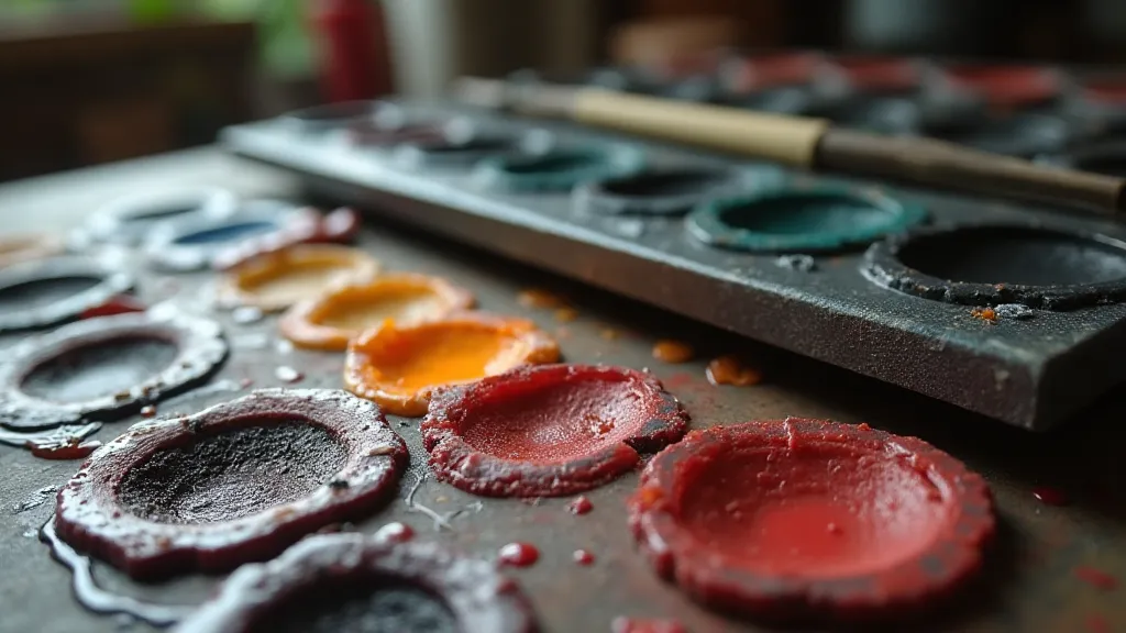Letterpress printer's workbench with ink mixing supplies