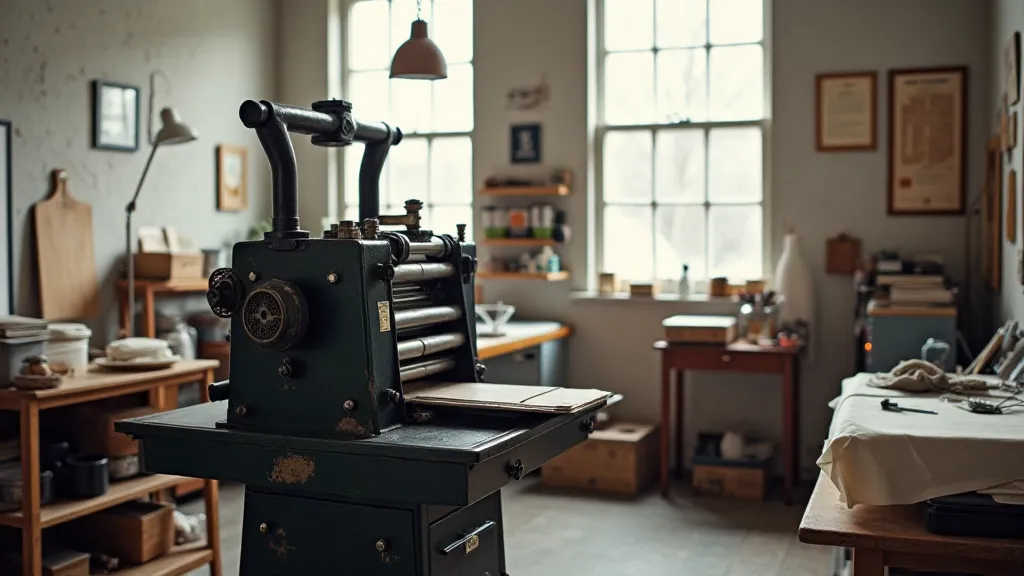 Vintage letterpress printing press in a studio