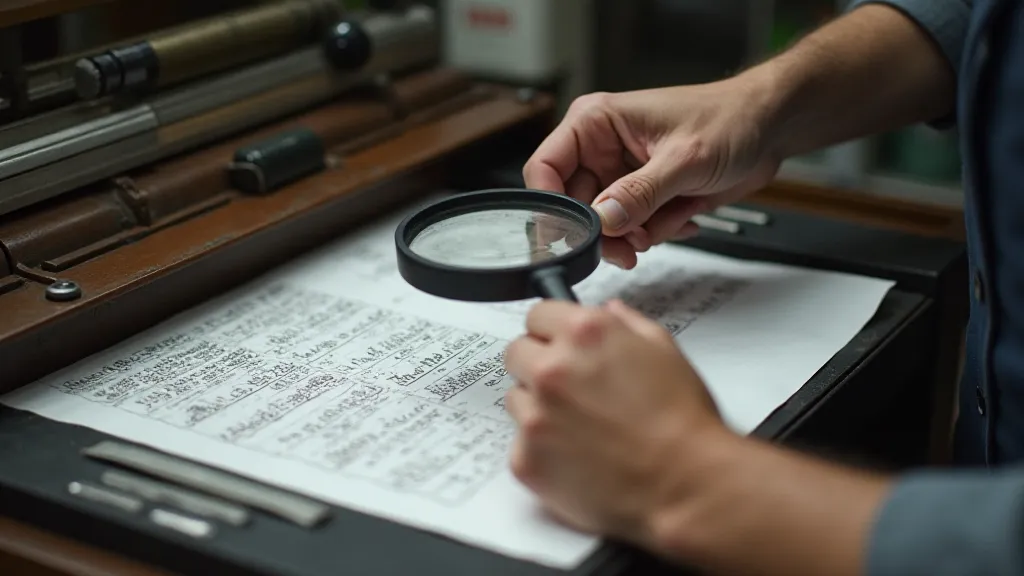 Printer meticulously examining registration marks with a magnifying glass.